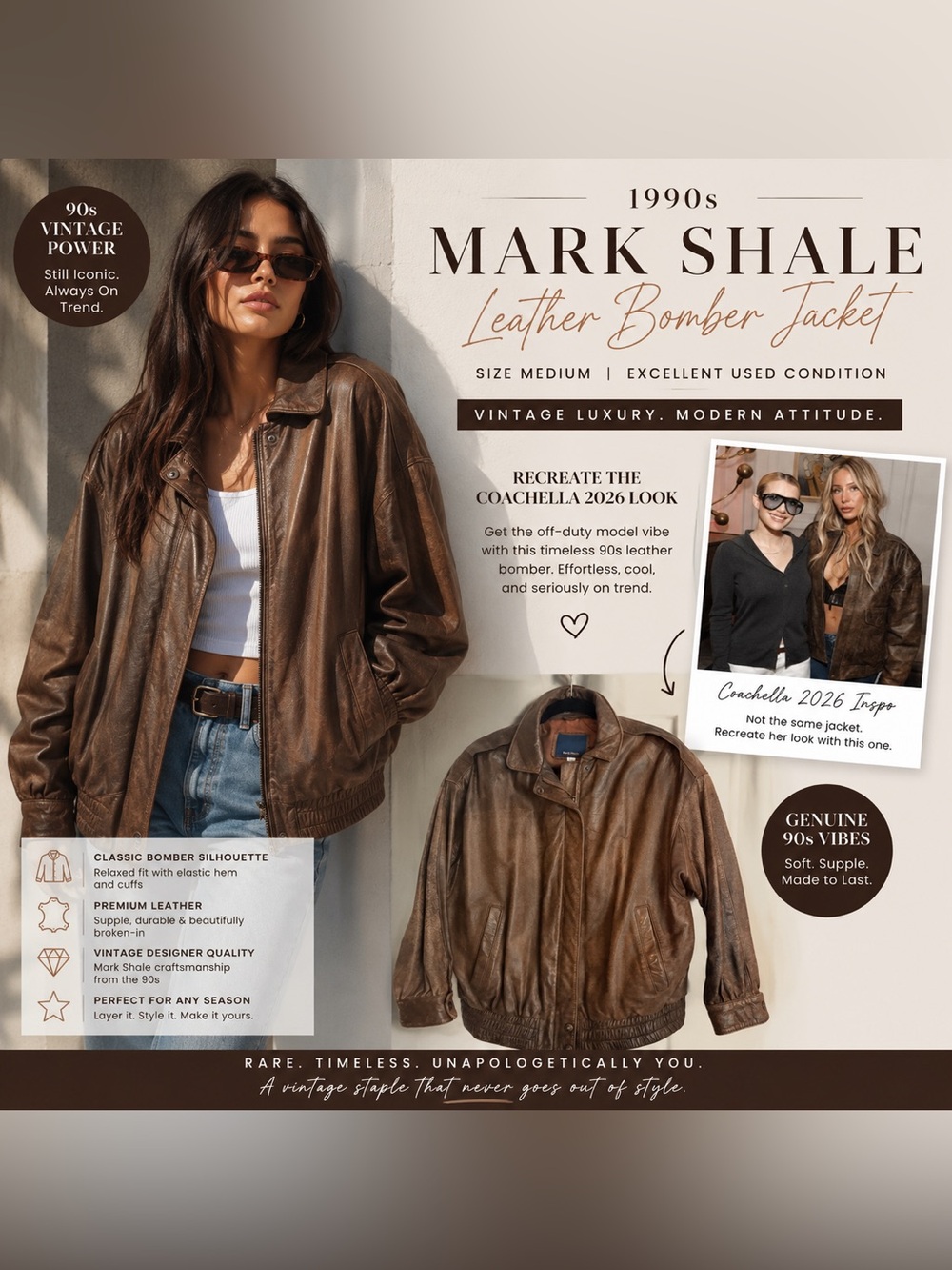 Vintage 1990s Mark Shale Brown Leather Bomber Jacket - Women’s Size Medium